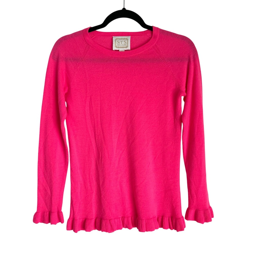 STS Sail to Sable Hot‎ Bright Pink 100% Cashmere Sweater Ruffle Hem Crew Neck XS